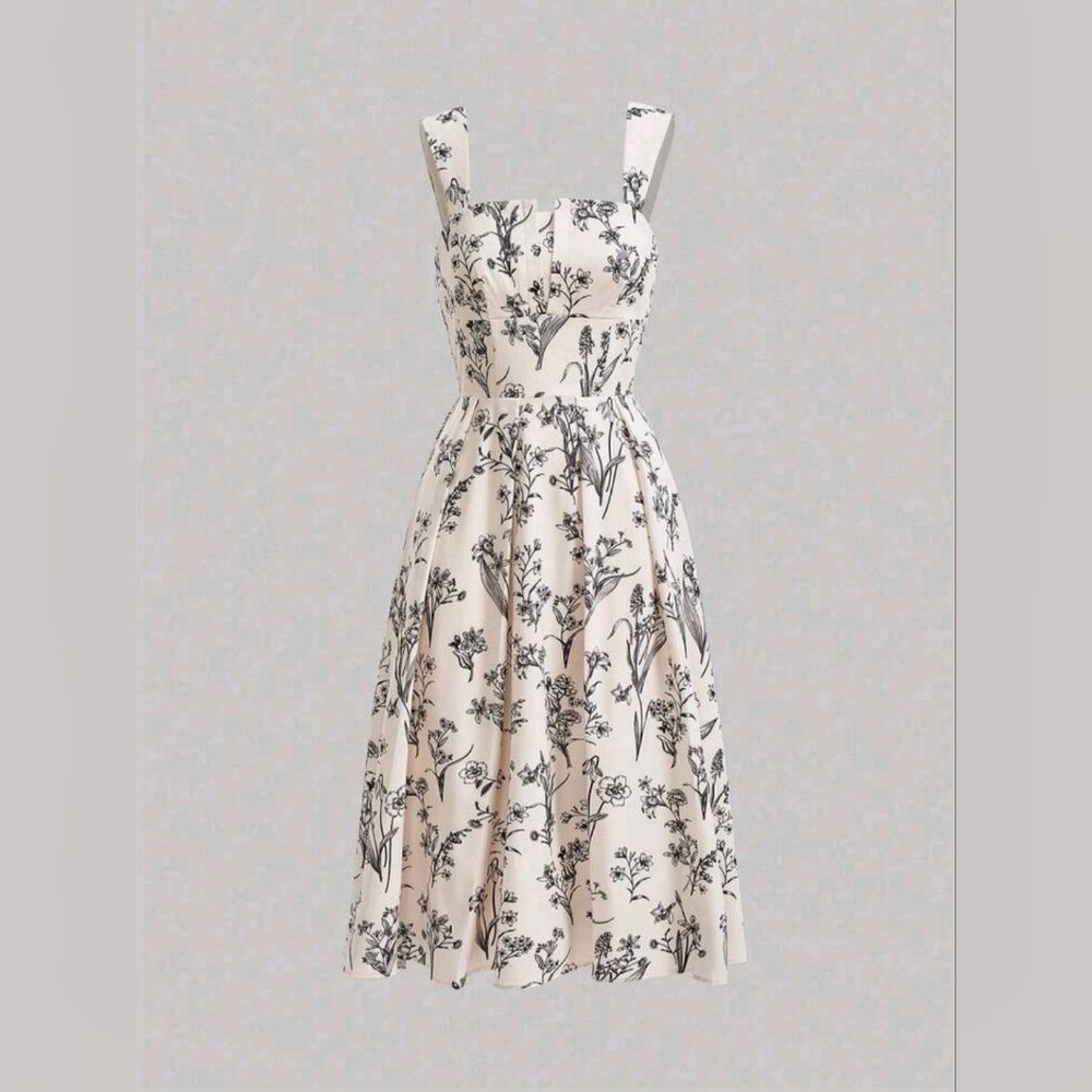 SHEIN Pleated Cream Midi Sundress